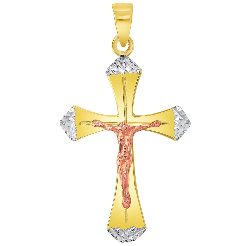 14k Yellow Gold and Rose Gold Textured Tri-Tone Religious Cross Jesus Crucifix Pendant with Figaro Chain Necklace