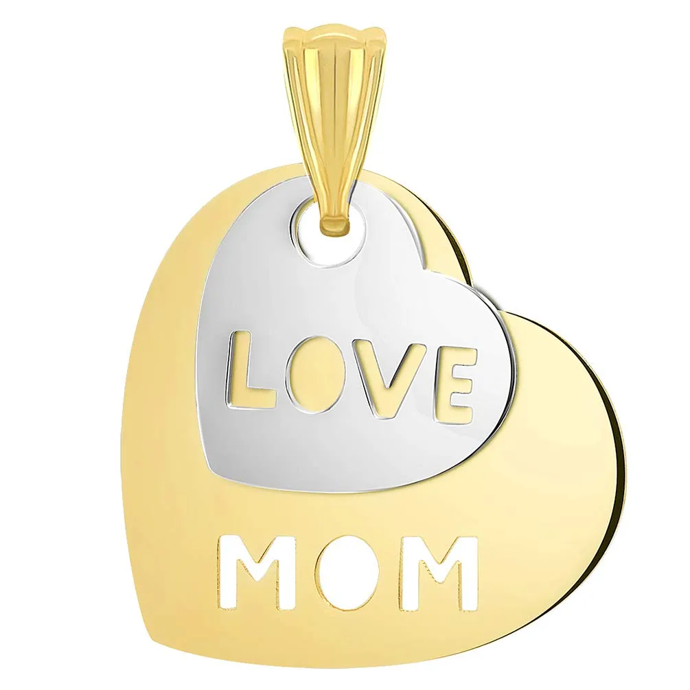 14k Yellow Gold and White Gold Double Heart with Cut-Out Love Mom Pendant Figaro Chain Necklace