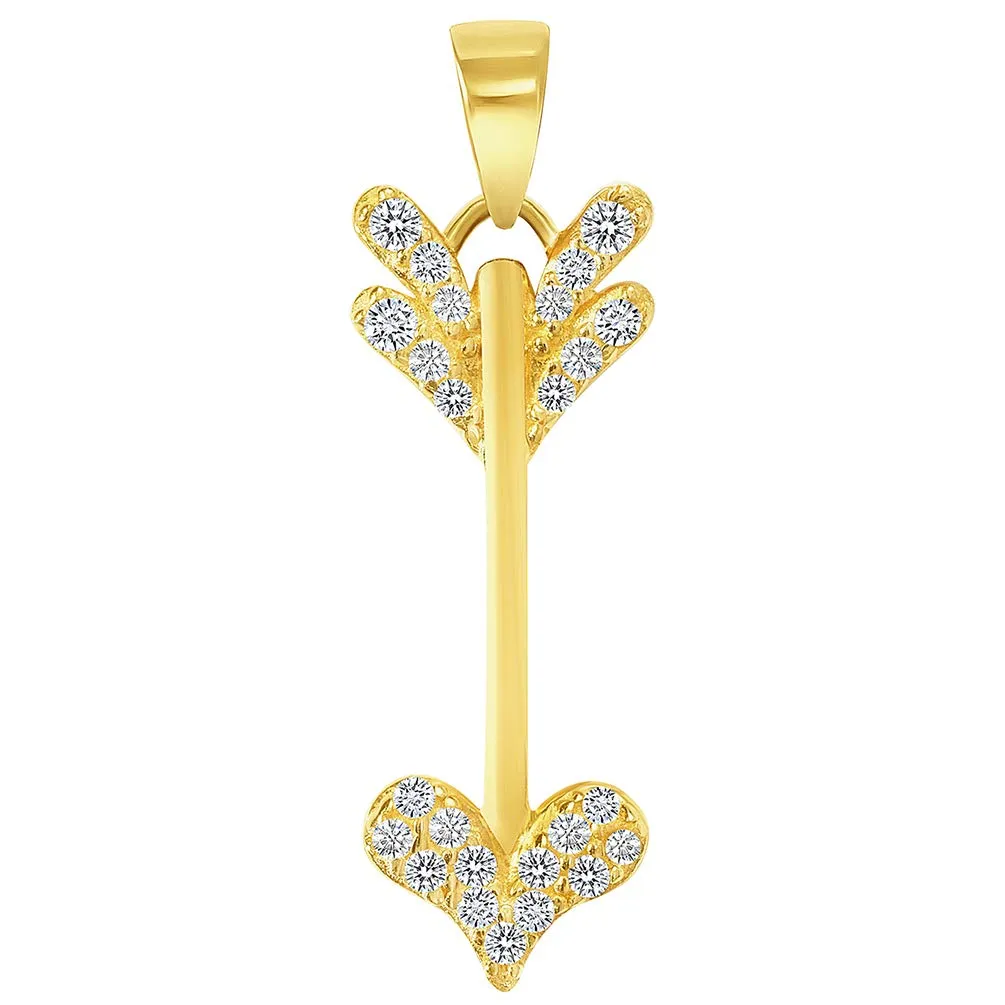 14k Yellow Gold Cubic-Zirconia Reversible Vertical Cupid's Love Arrow Pendant with Cuban Curb Chain Necklace