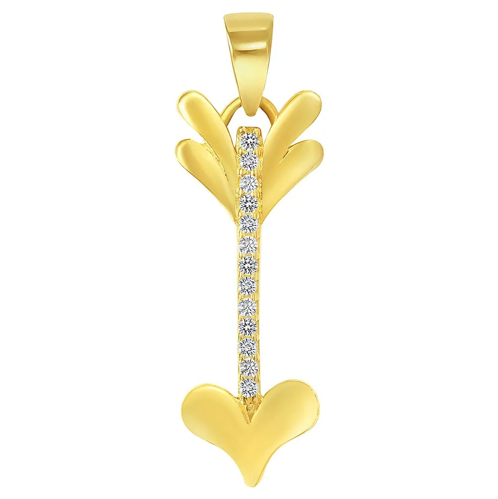 14k Yellow Gold Cubic-Zirconia Reversible Vertical Cupid's Love Arrow Pendant with Cuban Curb Chain Necklace