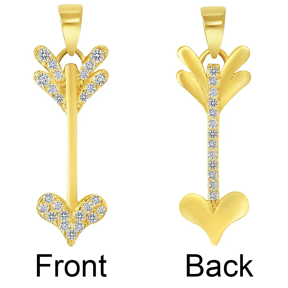 14k Yellow Gold Cubic-Zirconia Reversible Vertical Cupid's Love Arrow Pendant with Cuban Curb Chain Necklace