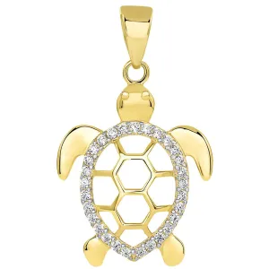 14k Yellow Gold CZ Open Shell Sea Turtle Good Luck Pendant