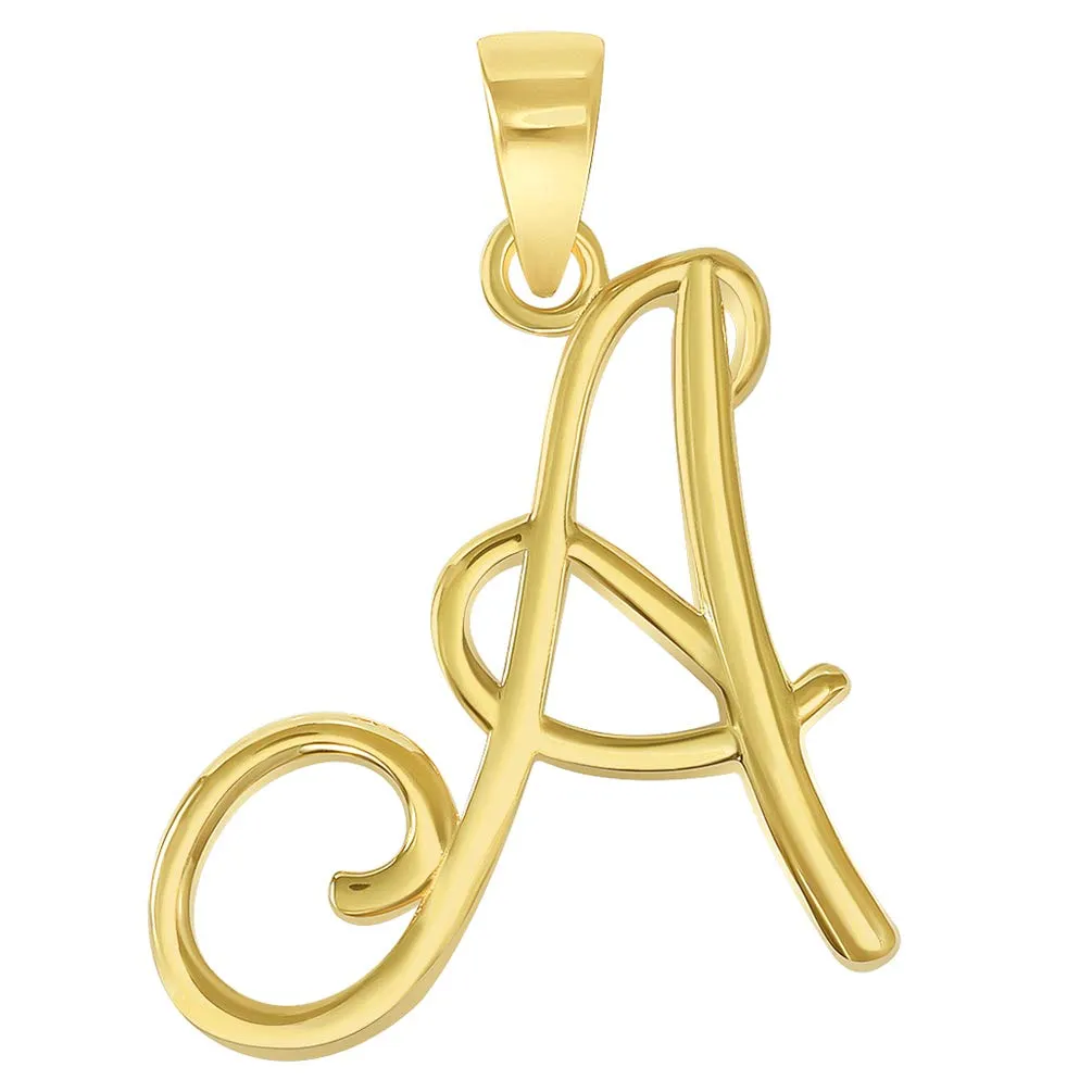 14k Yellow Gold Elegant Script Letter A Cursive Initial Pendant with Curb Chain Necklace