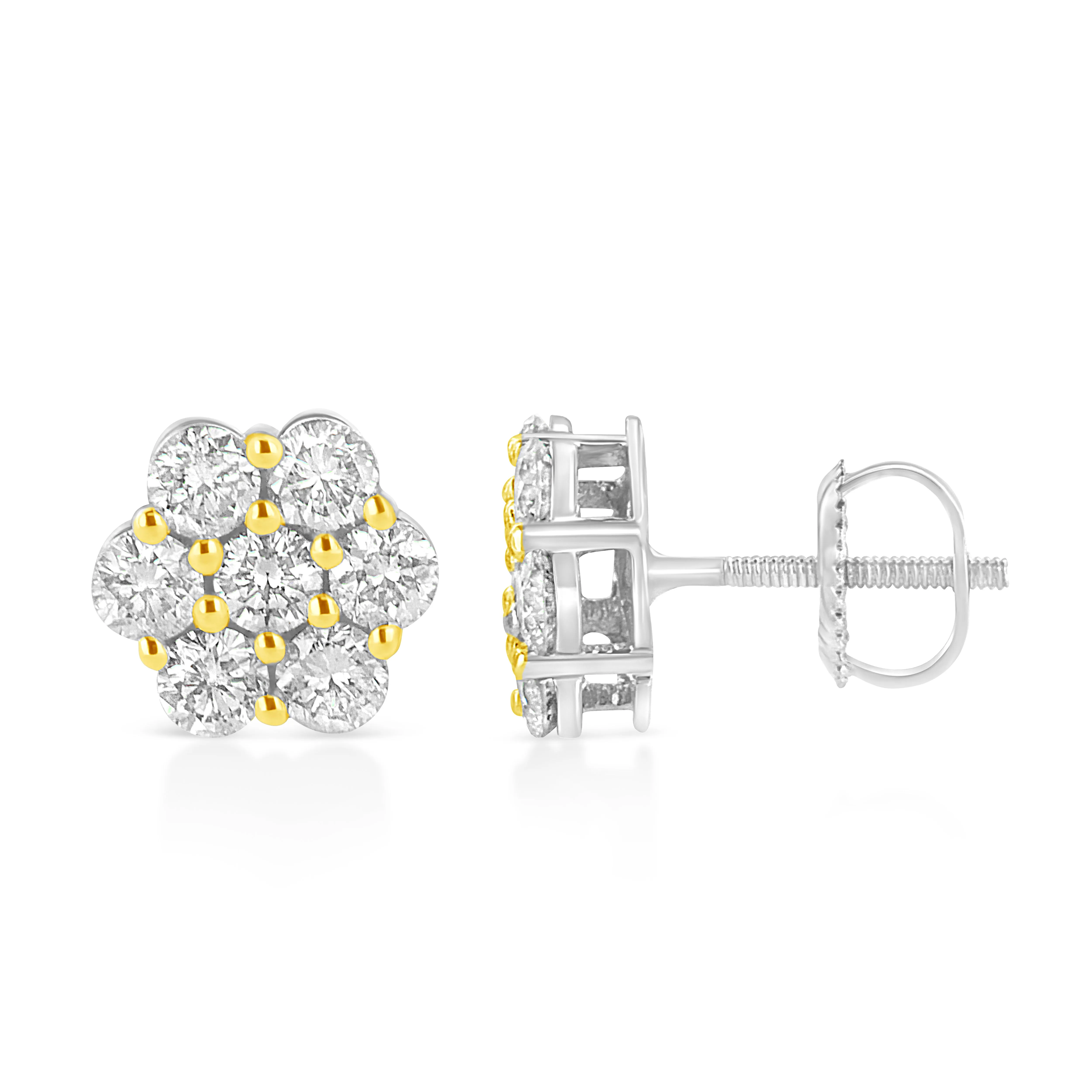 14k Yellow Gold Plated .925 Sterling Silver 1/4 Cttw Round Brilliant Cut Diamond Floral Cluster Screwback Stud Earrings