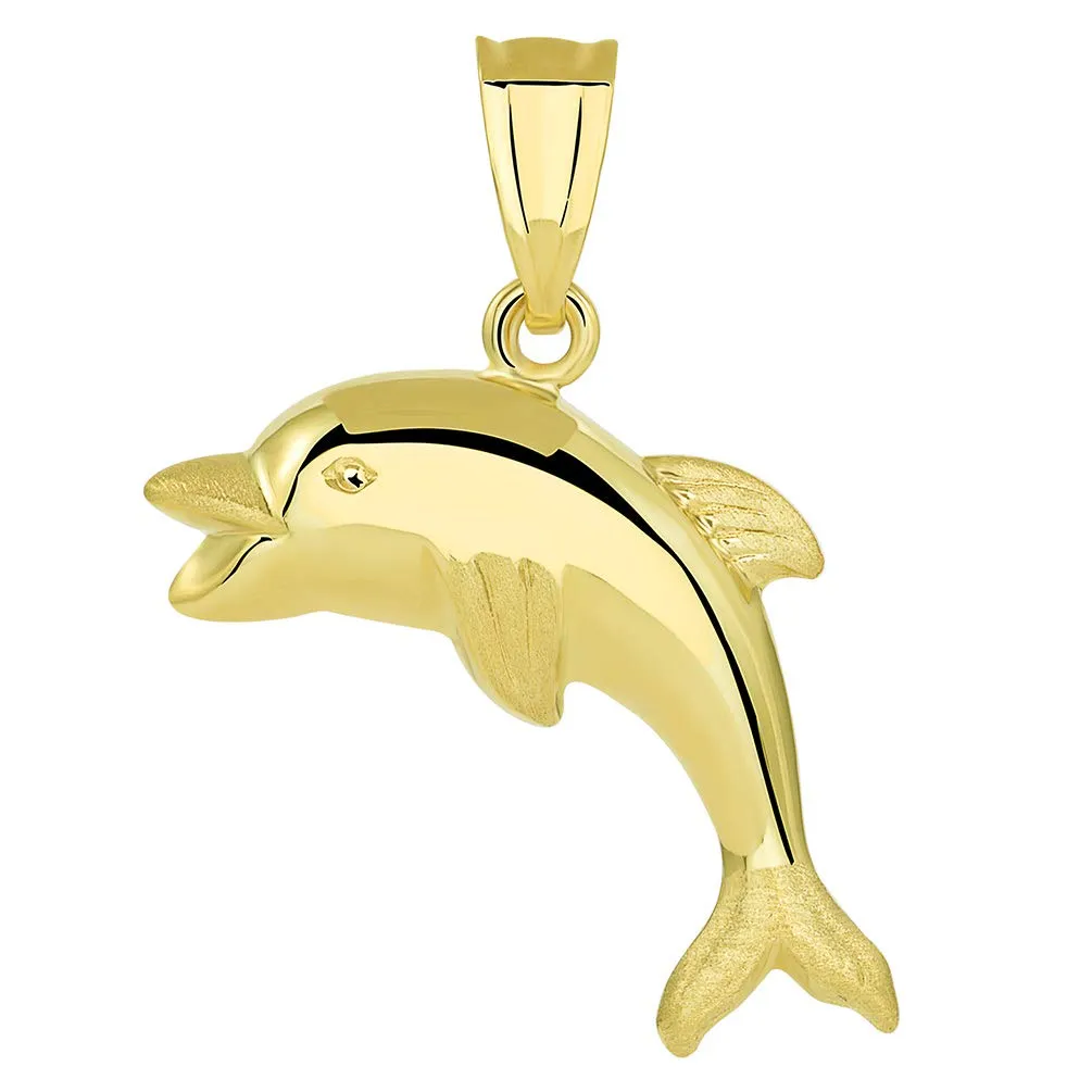 14k Yellow Gold Polished Smiling and Jumping 3D Dolphin Pendant Necklace