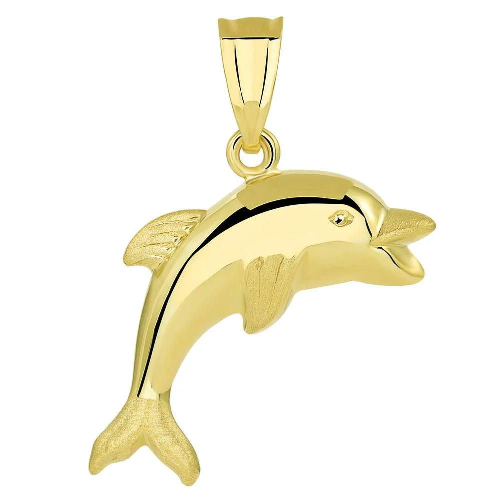 14k Yellow Gold Polished Smiling and Jumping 3D Dolphin Pendant Necklace