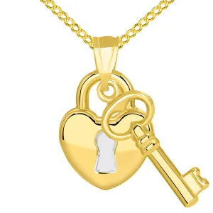 14k Yellow Gold Polished Two Tone Heart Shaped Lock and Love Key Pendant Cuban Necklace