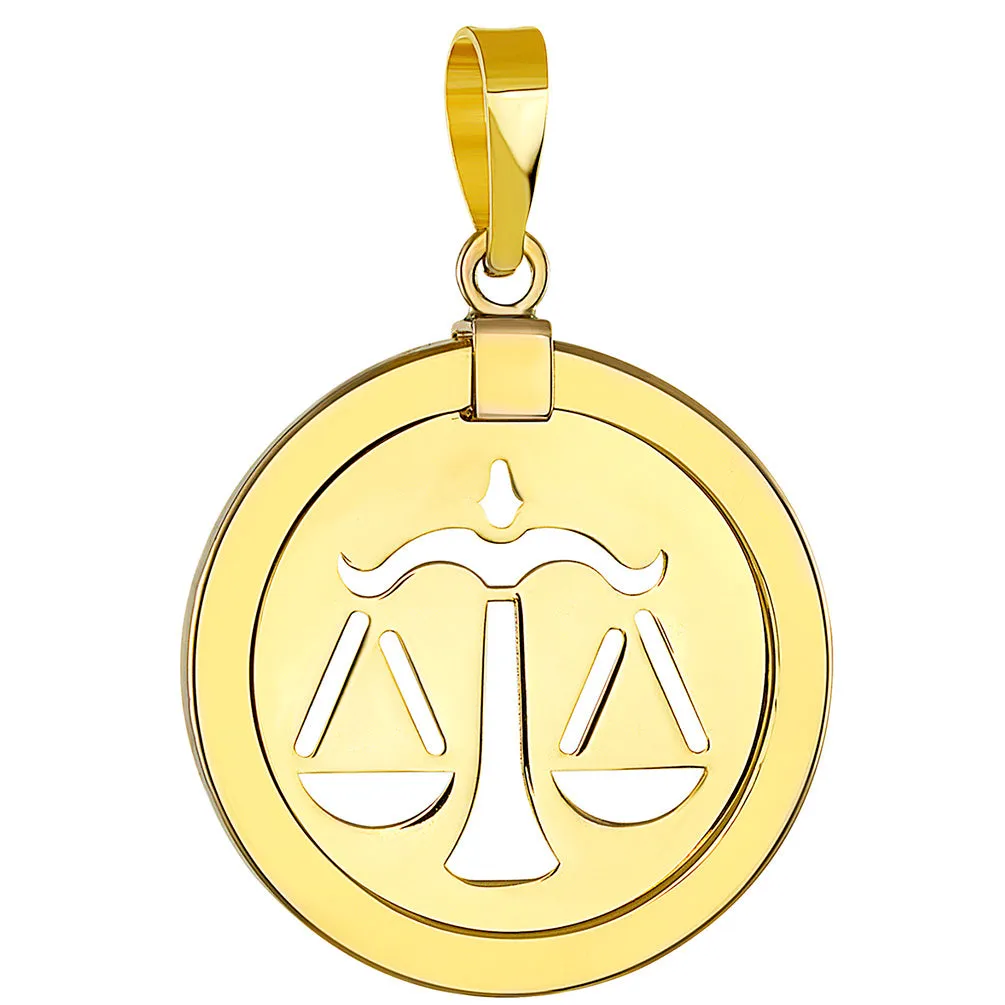 14K Yellow Gold Reversible Round Libra Scale Zodiac Sign Pendant