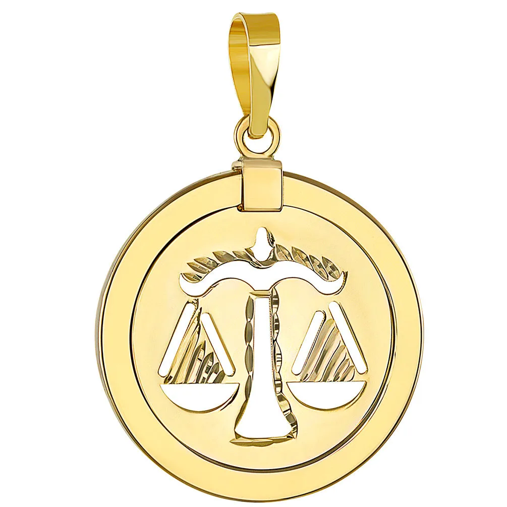 14K Yellow Gold Reversible Round Libra Scale Zodiac Sign Pendant