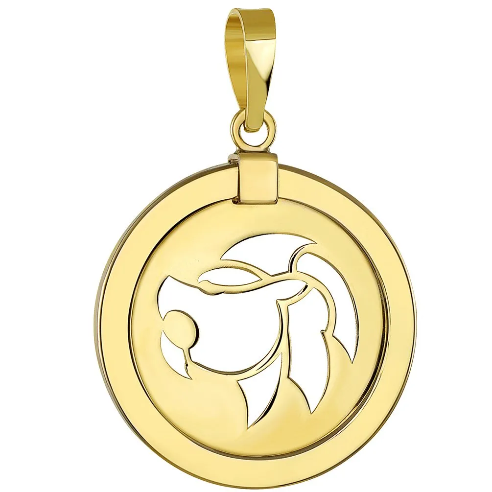 14K Yellow Gold Reversible Round Lion Leo Zodiac Sign Pendant with Figaro Chain Necklace