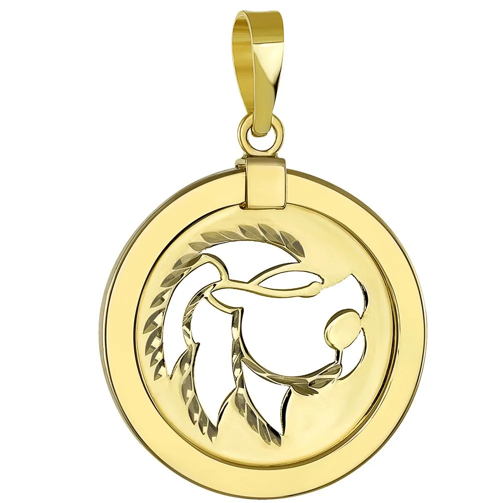 14K Yellow Gold Reversible Round Lion Leo Zodiac Sign Pendant with Figaro Chain Necklace