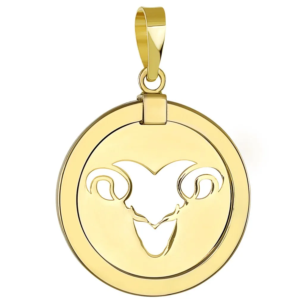 14K Yellow Gold Reversible Round Ram Aries Zodiac Sign Pendant with Figaro Chain Necklace