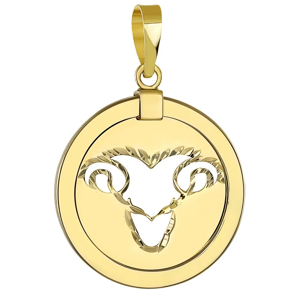 14K Yellow Gold Reversible Round Ram Aries Zodiac Sign Pendant with Figaro Chain Necklace