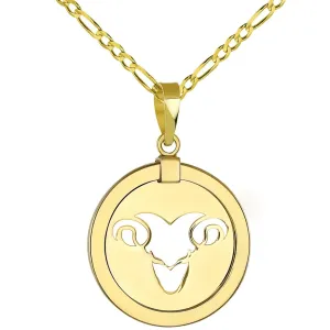 14K Yellow Gold Reversible Round Ram Aries Zodiac Sign Pendant with Figaro Chain Necklace