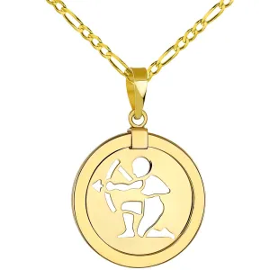 14K Yellow Gold Reversible Round Sagittarius Zodiac Sign Pendant with Figaro Chain Necklace