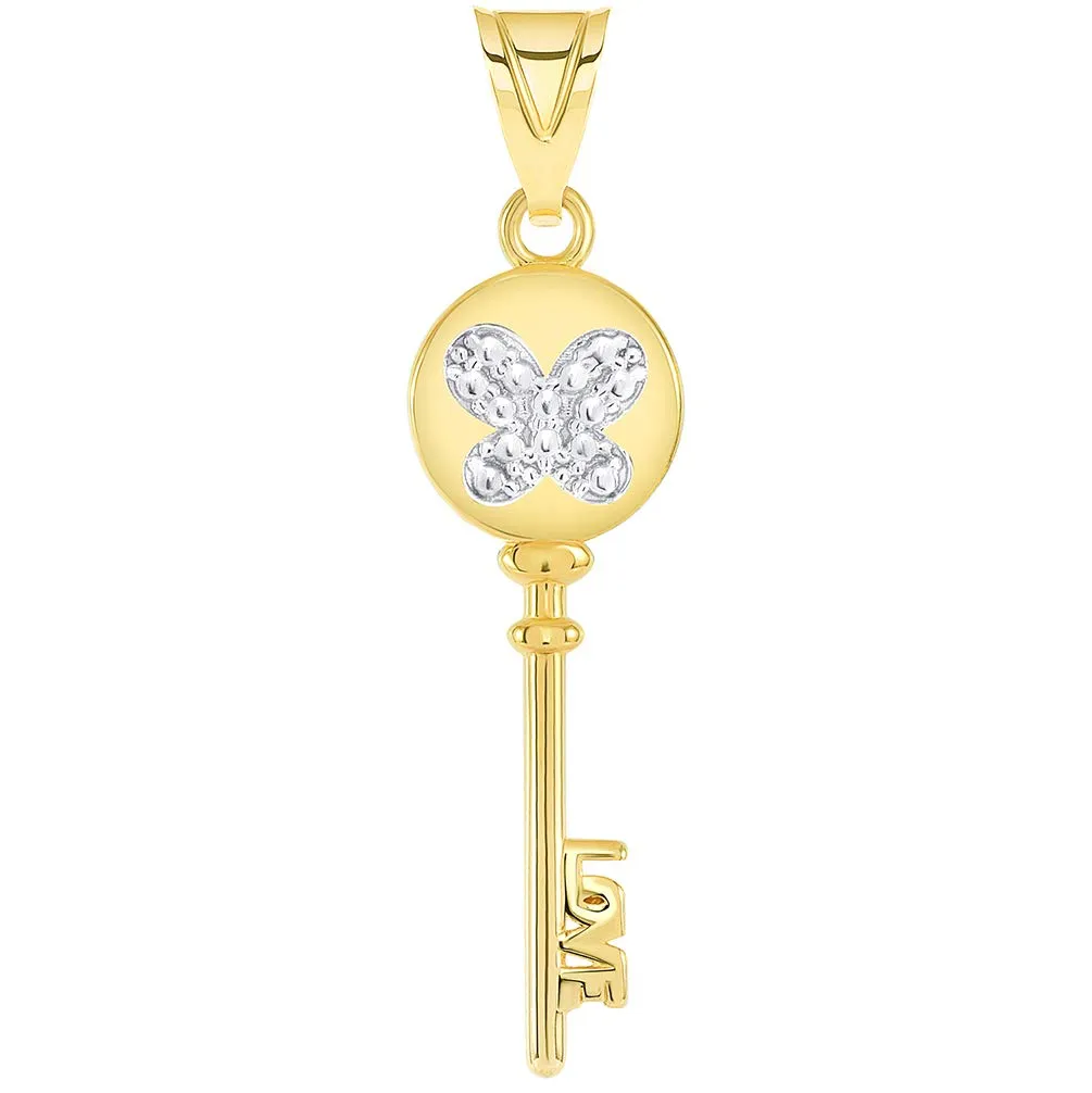 14k Yellow Gold Round Bow Handle Two Tone Butterfly Love Key Pendant with Curb Chain Necklace