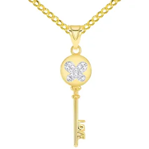 14k Yellow Gold Round Bow Handle Two Tone Butterfly Love Key Pendant with Curb Chain Necklace