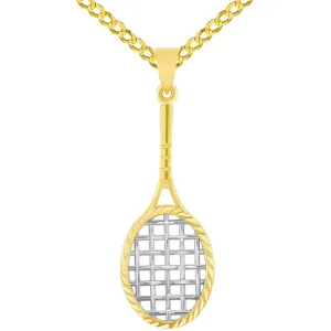 14k Yellow Gold Textured Tennis Racket Sports Pendant with Curb Chain Necklace