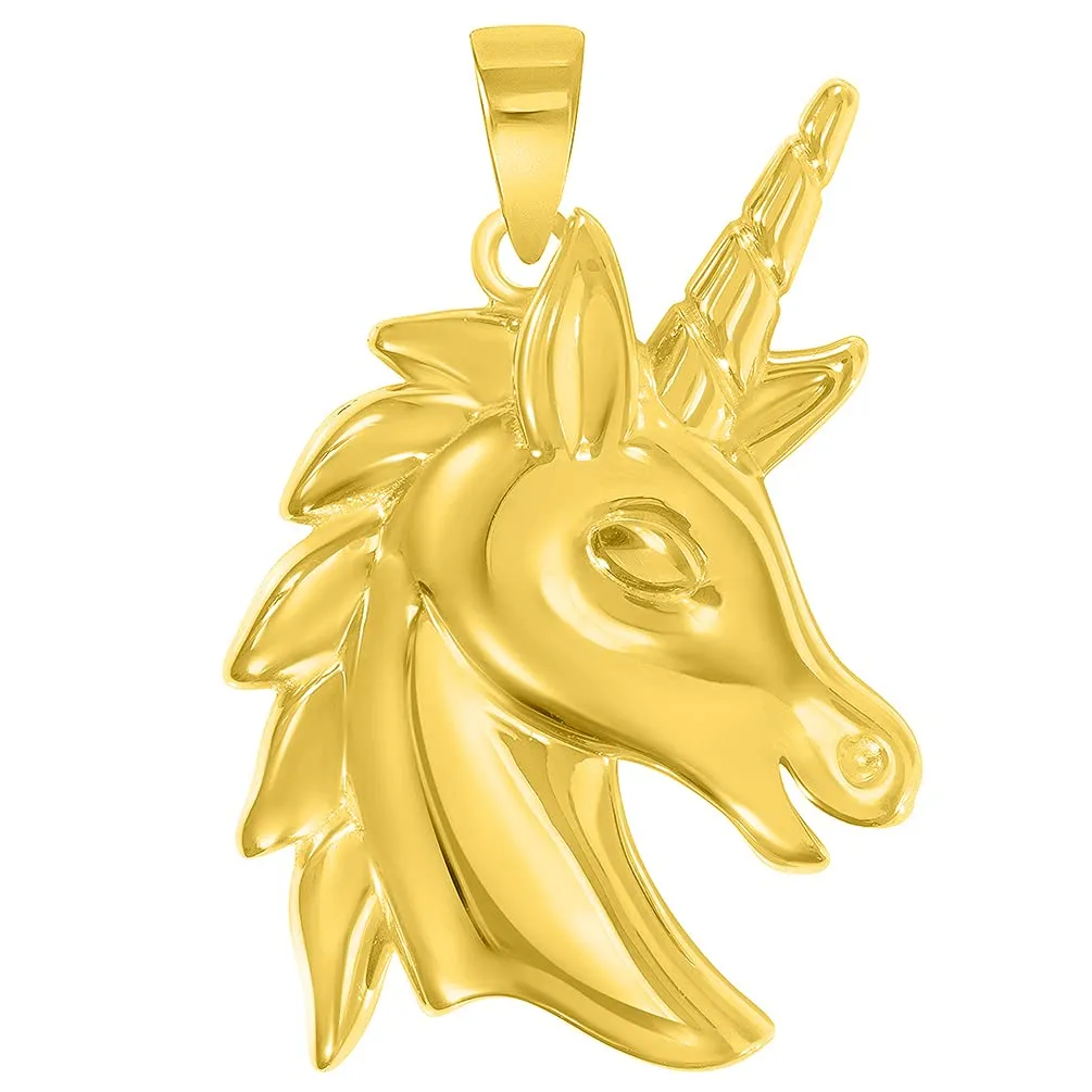 14k Yellow Gold Unicorn Horse Head Mythical Animal Pendant with Figaro Chain Necklace