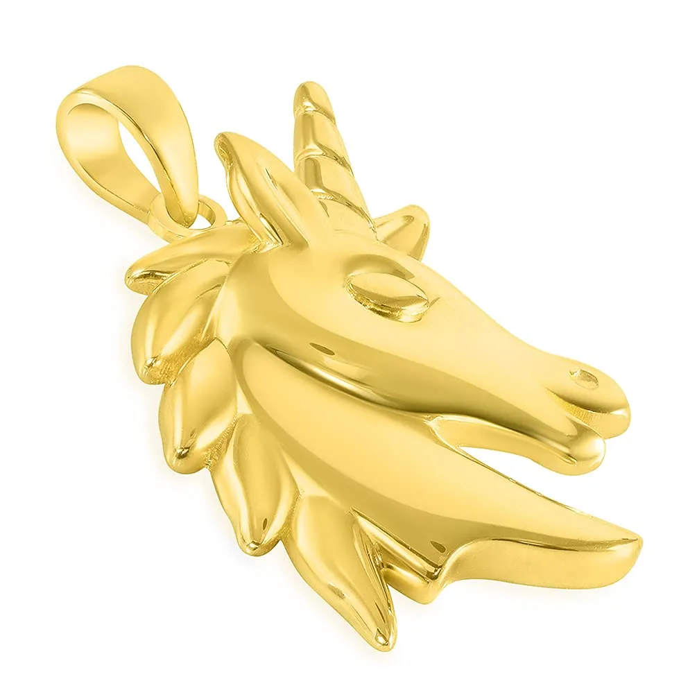 14k Yellow Gold Unicorn Horse Head Mythical Animal Pendant with Figaro Chain Necklace