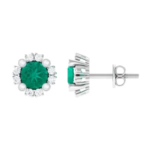 1.50 CT Emerald Classic Stud Earrings with Diamond Accent