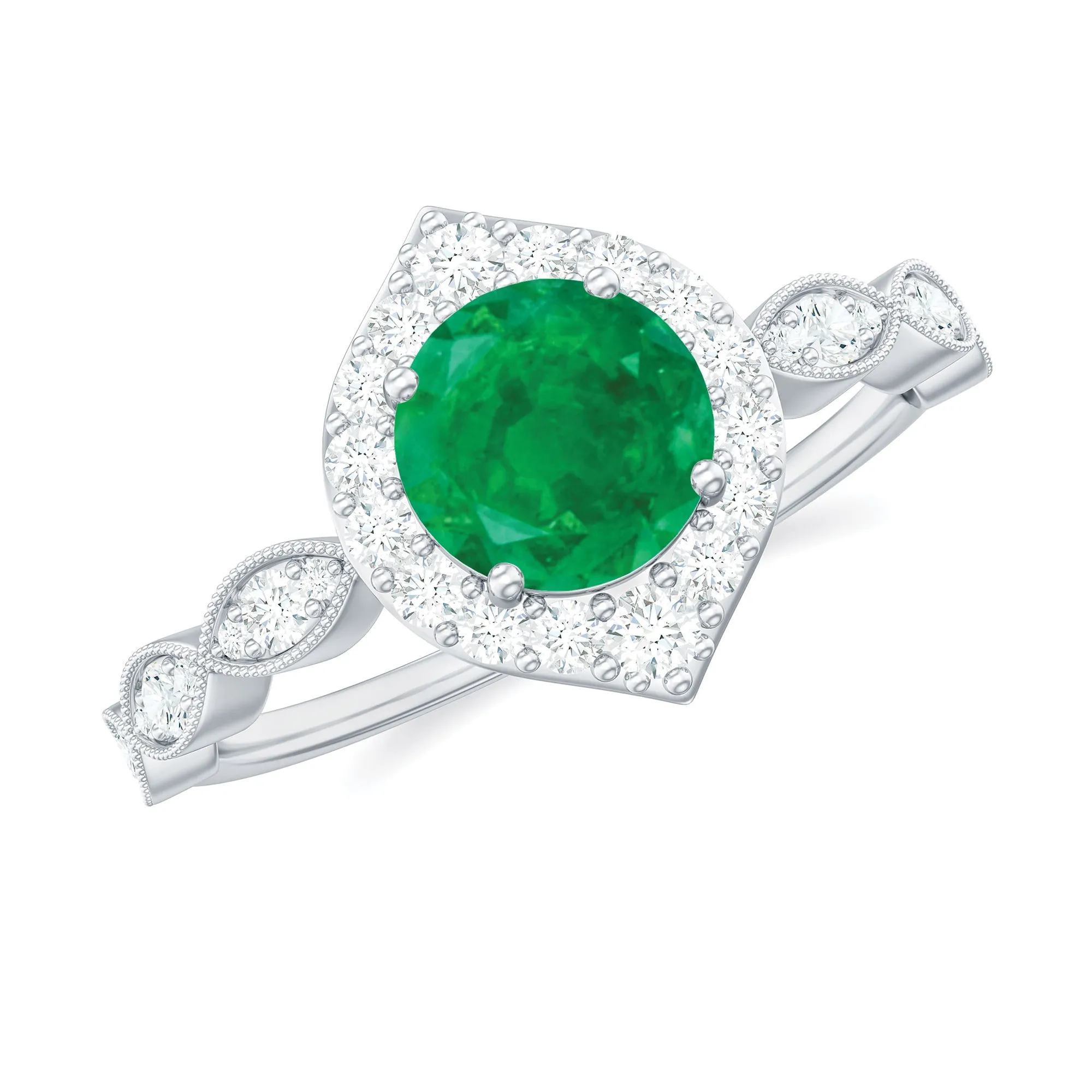 1.50 CT Vintage Style Emerald Engagement Ring with Diamond Accent