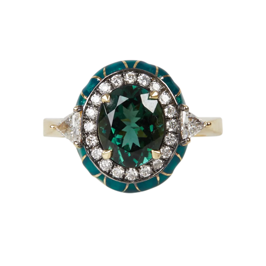 18K Yellow Gold Tourmaline Emerald and Diamond Ring