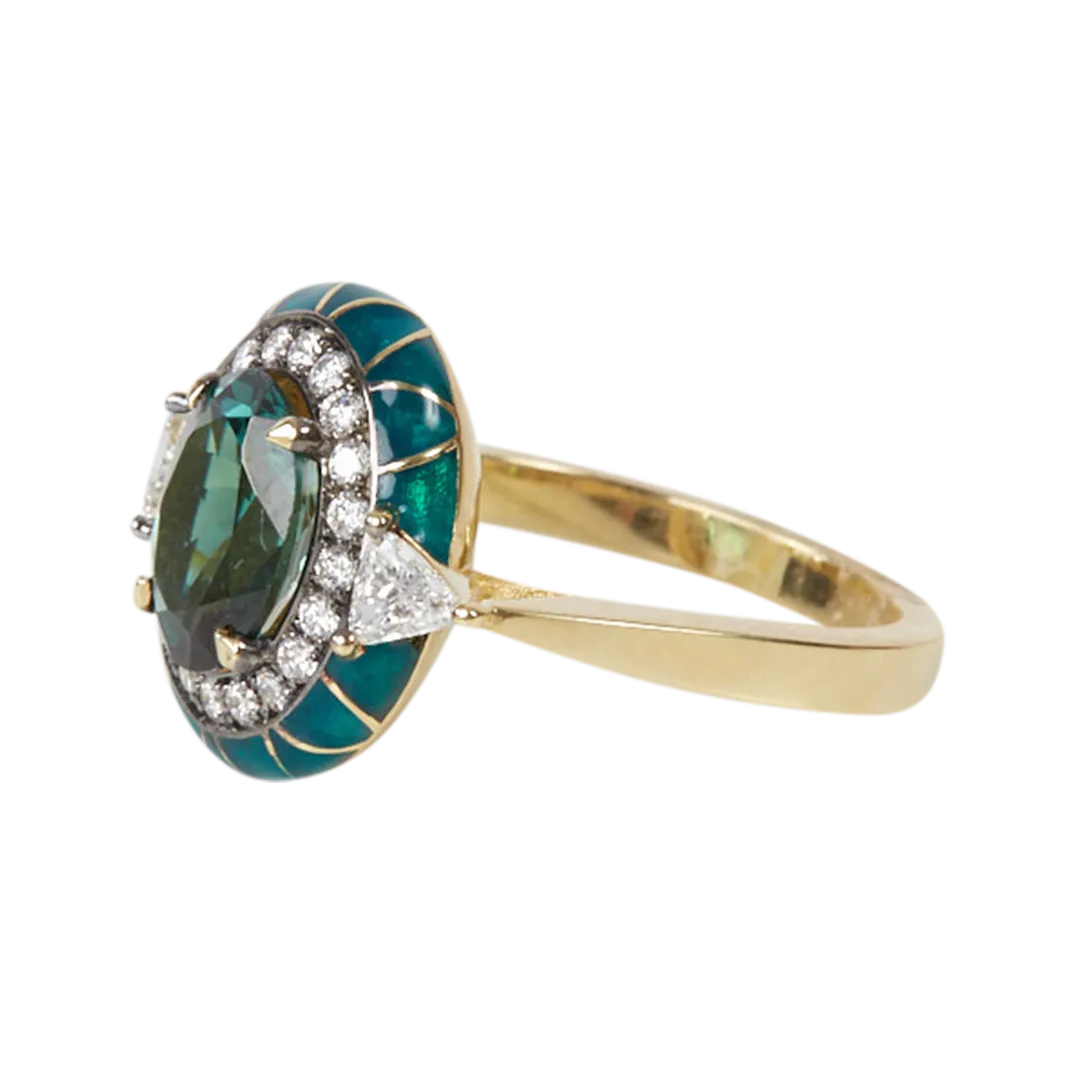 18K Yellow Gold Tourmaline Emerald and Diamond Ring