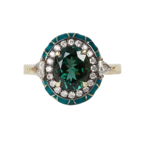 18K Yellow Gold Tourmaline Emerald and Diamond Ring