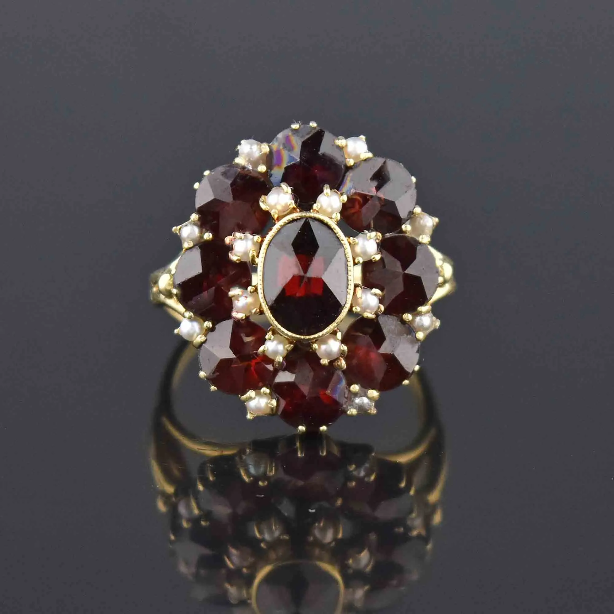 1930s Pearl Rose Cut Garnet Cluster 14K Gold Ring