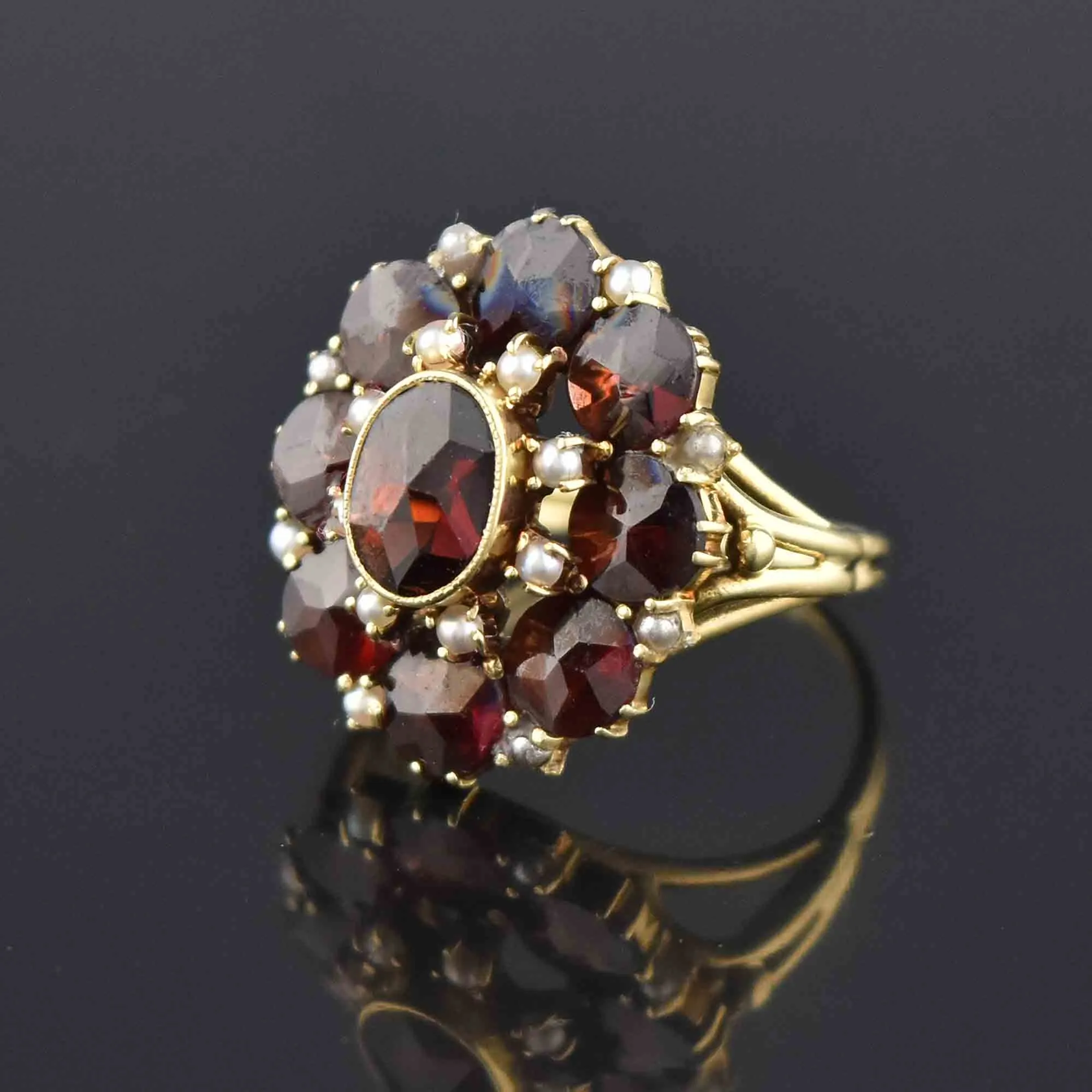 1930s Pearl Rose Cut Garnet Cluster 14K Gold Ring