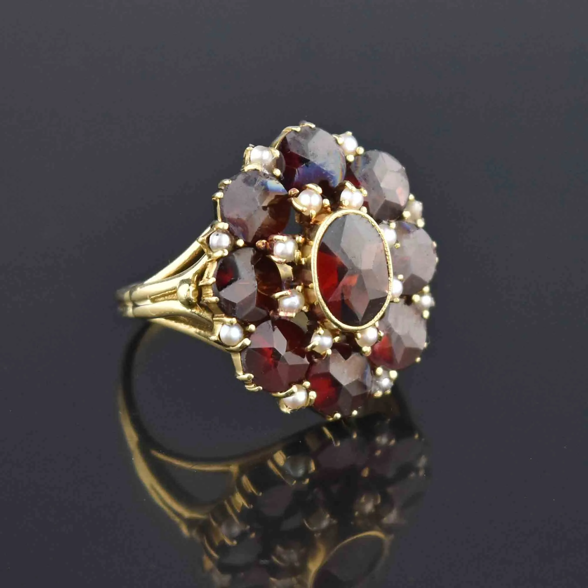 1930s Pearl Rose Cut Garnet Cluster 14K Gold Ring