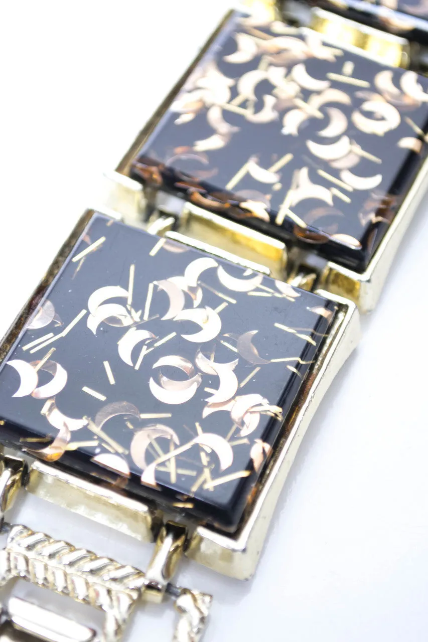 1950s Vintage Confetti Lucite Bracelet Black with Gold Moons