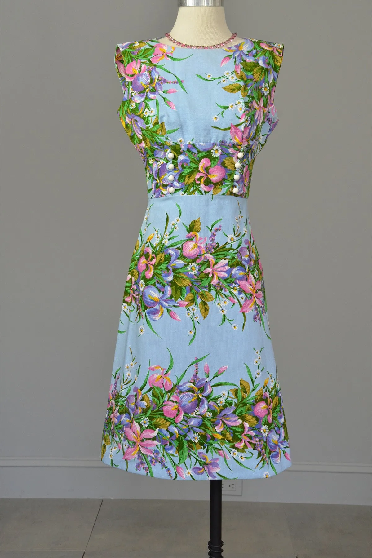 1970s Sky Blue Retro Print Garden Party Dress, Size XS