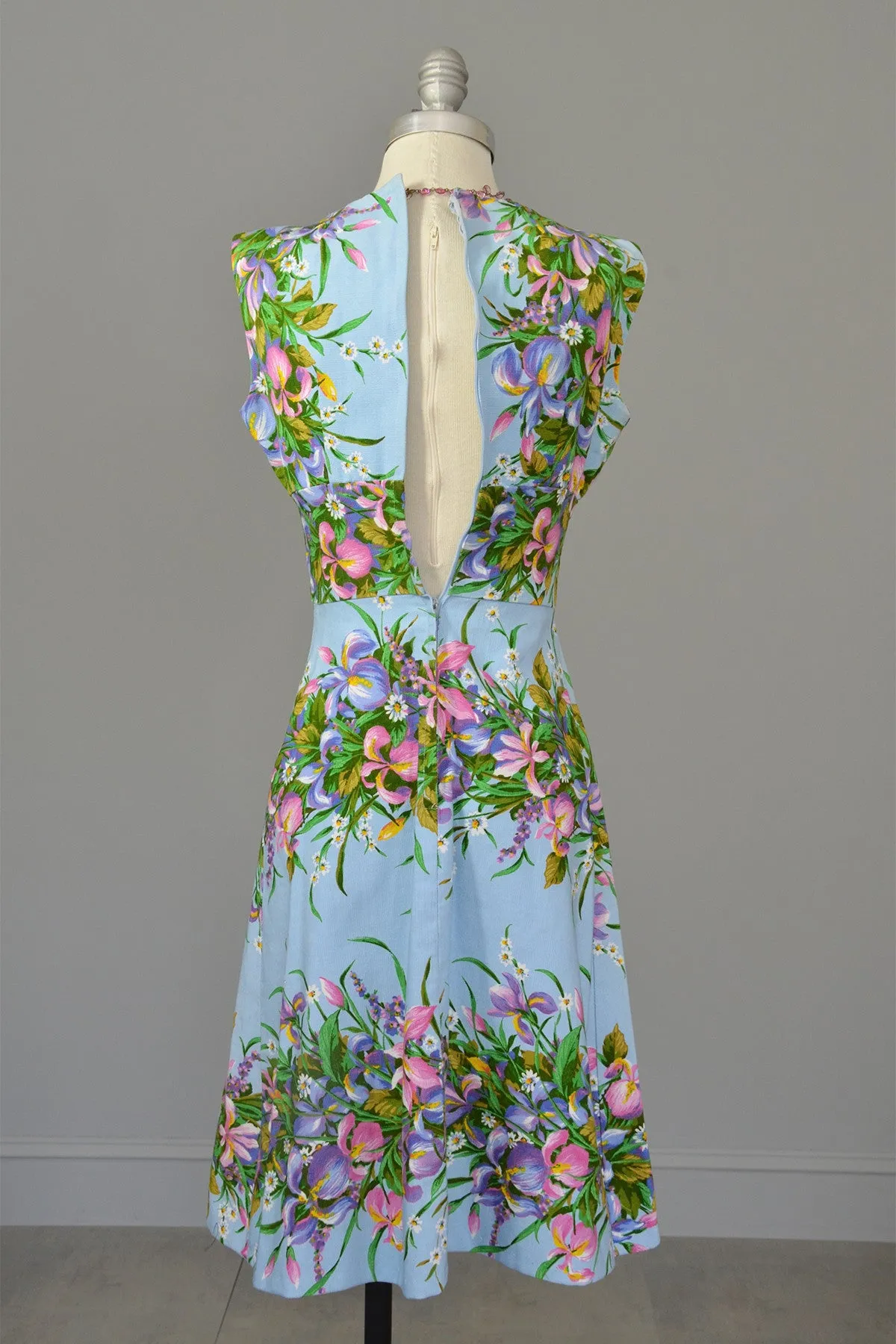 1970s Sky Blue Retro Print Garden Party Dress, Size XS