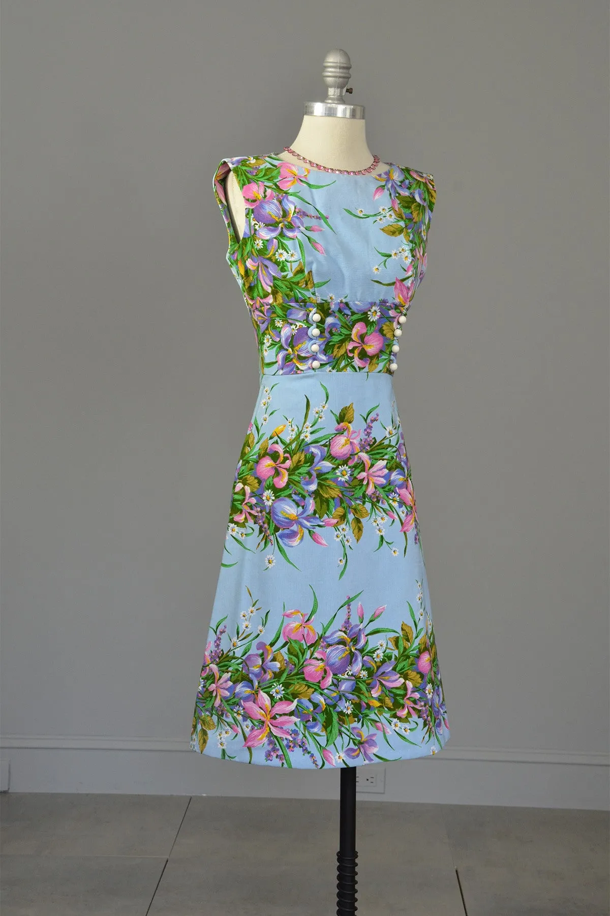 1970s Sky Blue Retro Print Garden Party Dress, Size XS