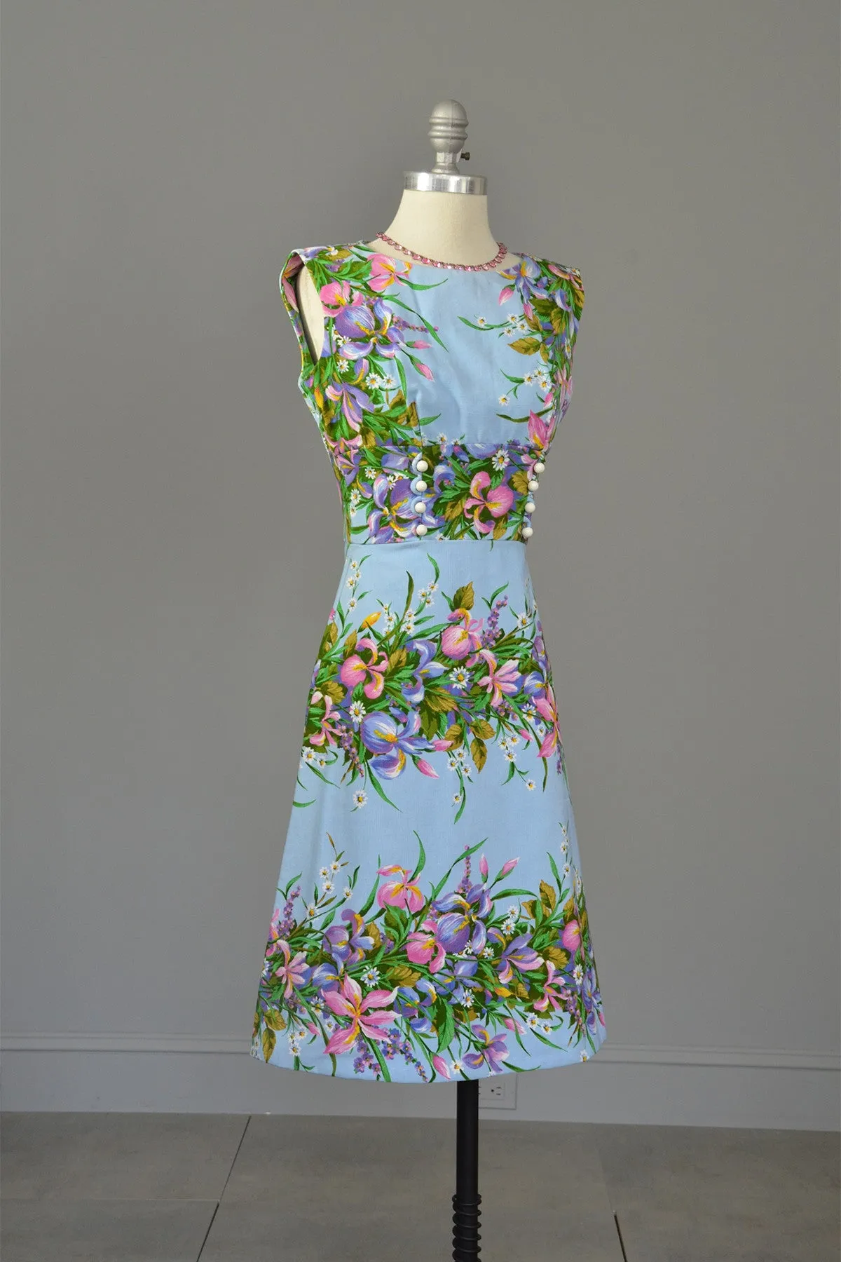 1970s Sky Blue Retro Print Garden Party Dress, Size XS