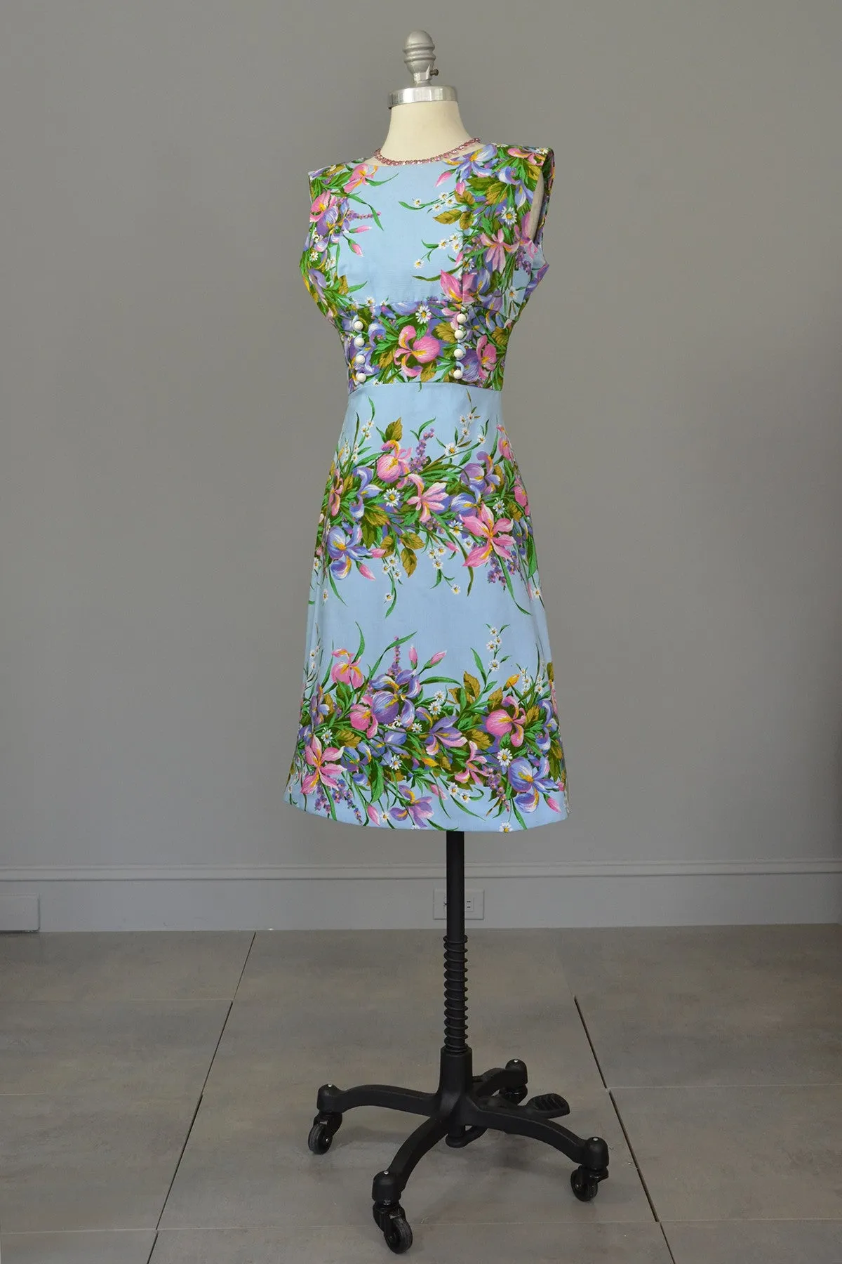 1970s Sky Blue Retro Print Garden Party Dress, Size XS