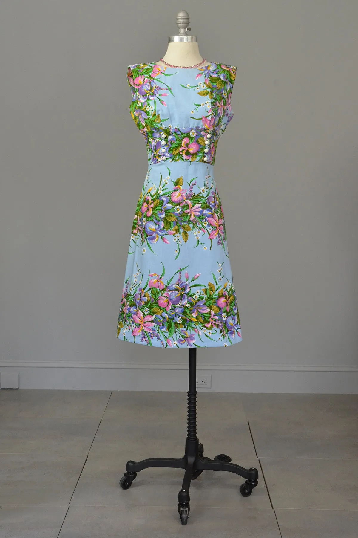 1970s Sky Blue Retro Print Garden Party Dress, Size XS