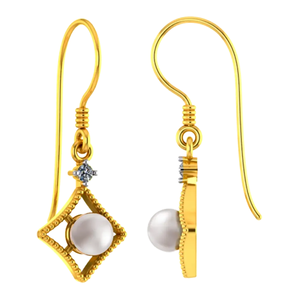 22k American Diamond Shaped Gold Earrings With A Pearl And Stone Detailing