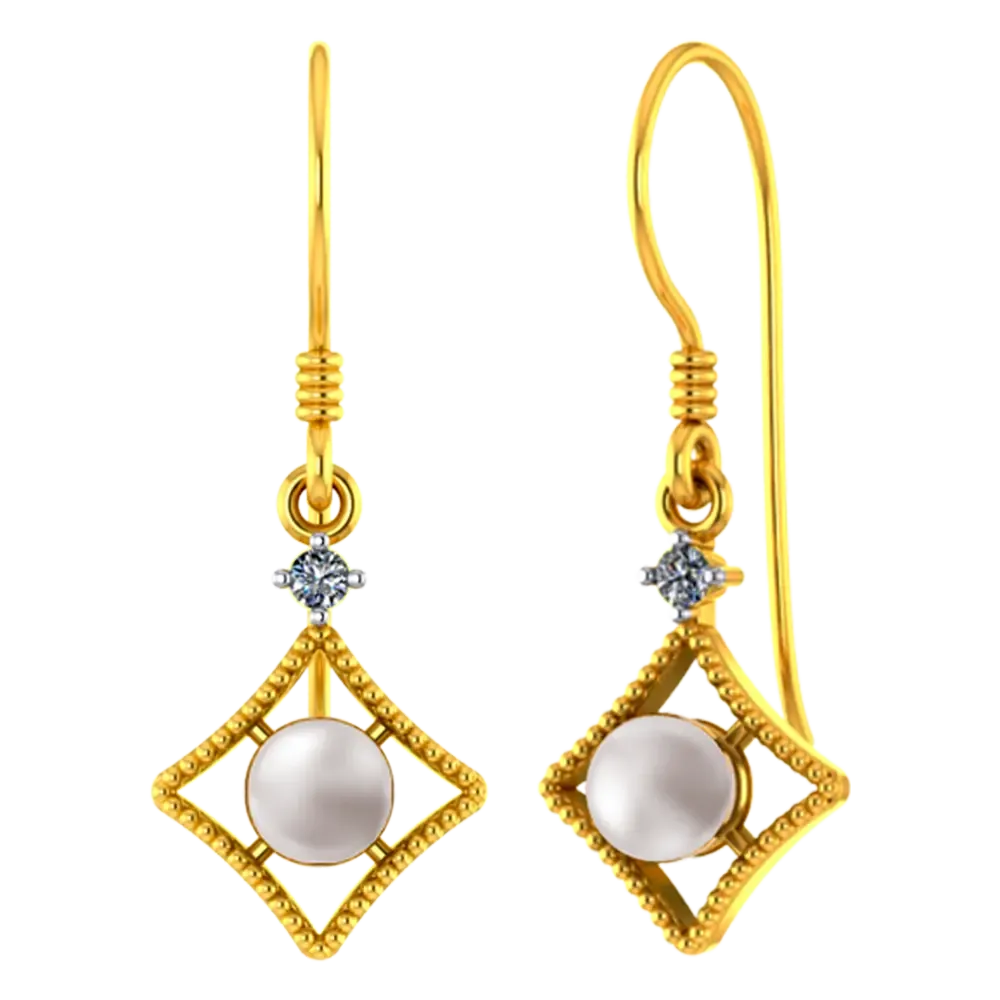 22k American Diamond Shaped Gold Earrings With A Pearl And Stone Detailing