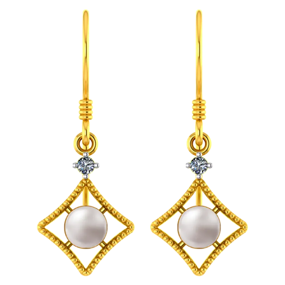 22k American Diamond Shaped Gold Earrings With A Pearl And Stone Detailing