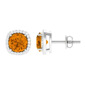 2.5 CT Round Shape Citrine and Diamond Halo Stud Earring