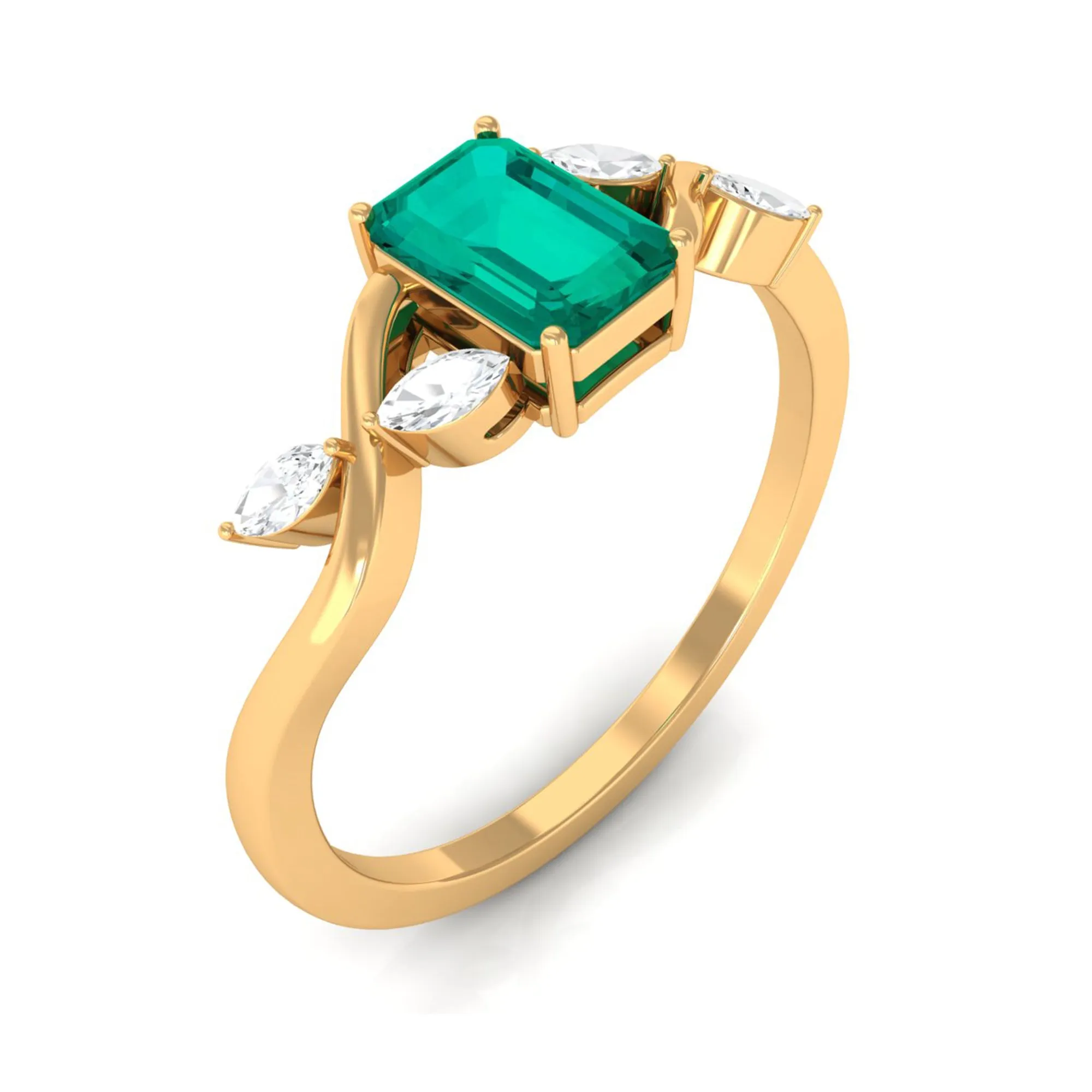 4 Prong Set Octagon shape Solitaire Emerald Engagement Ring with Diamond