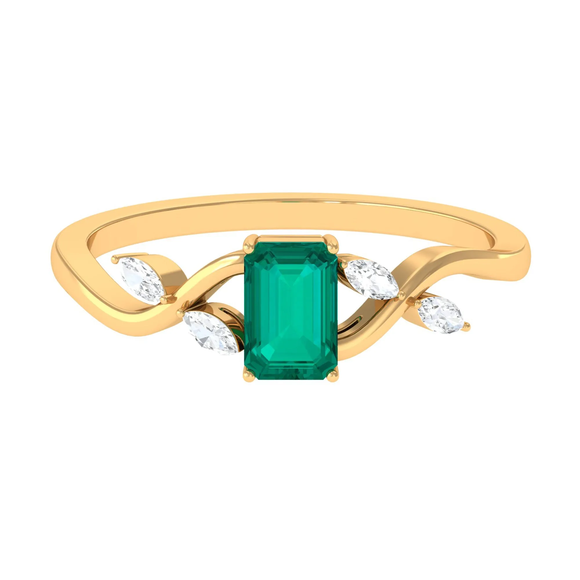 4 Prong Set Octagon shape Solitaire Emerald Engagement Ring with Diamond