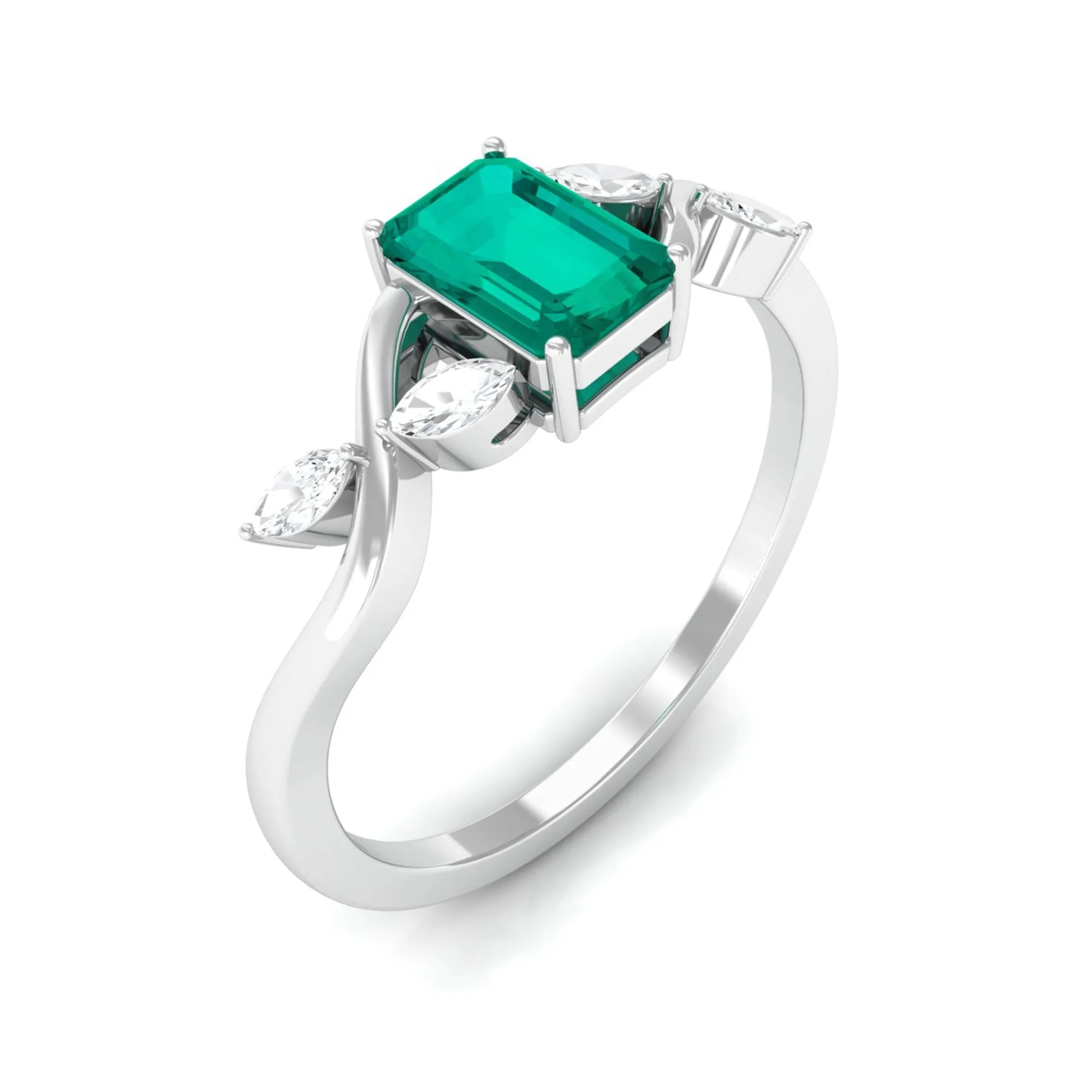 4 Prong Set Octagon shape Solitaire Emerald Engagement Ring with Diamond