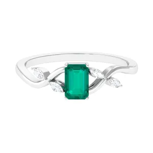 4 Prong Set Octagon shape Solitaire Emerald Engagement Ring with Diamond