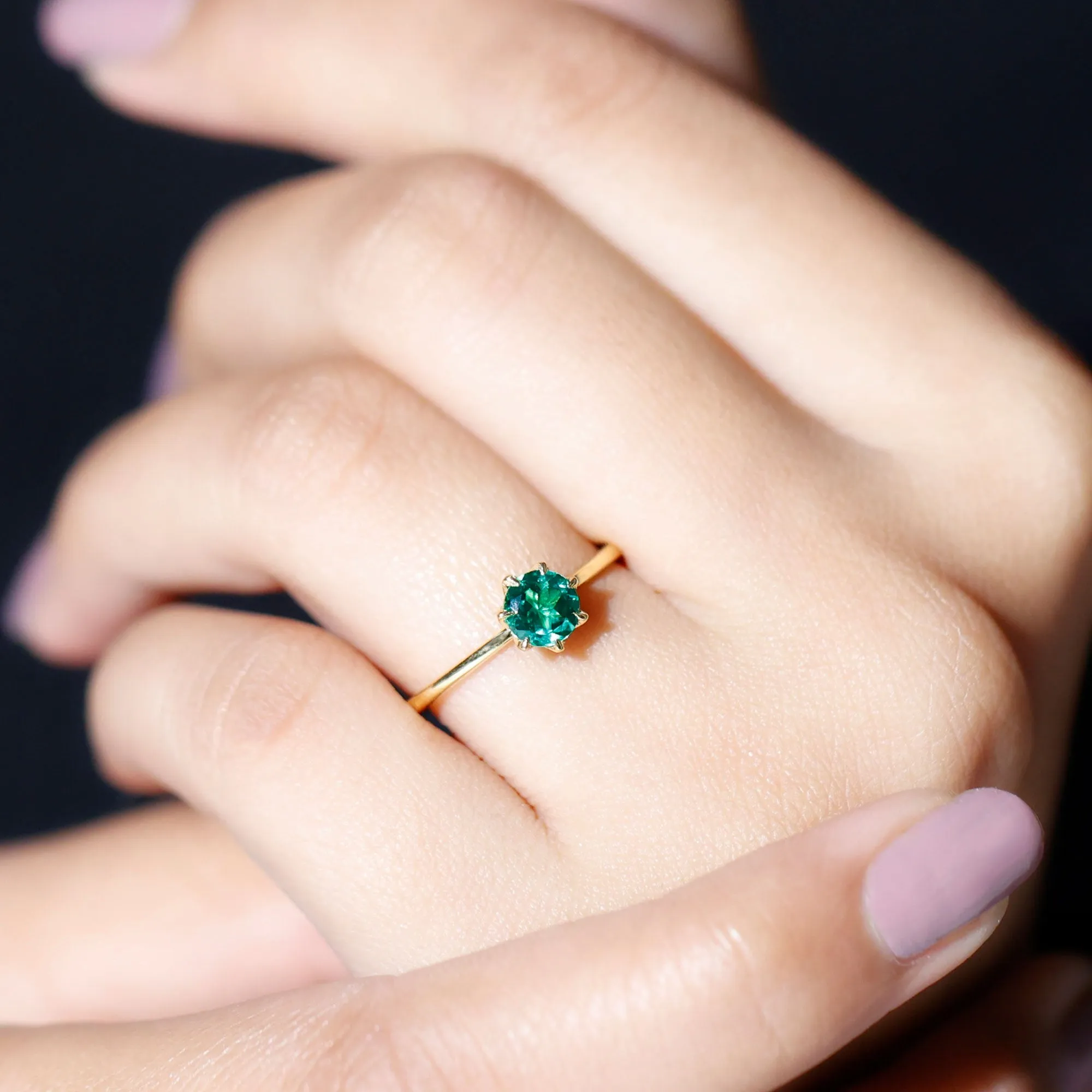 5 MM Round Created Emerald Solitaire Ring in Lotus Basket Setting