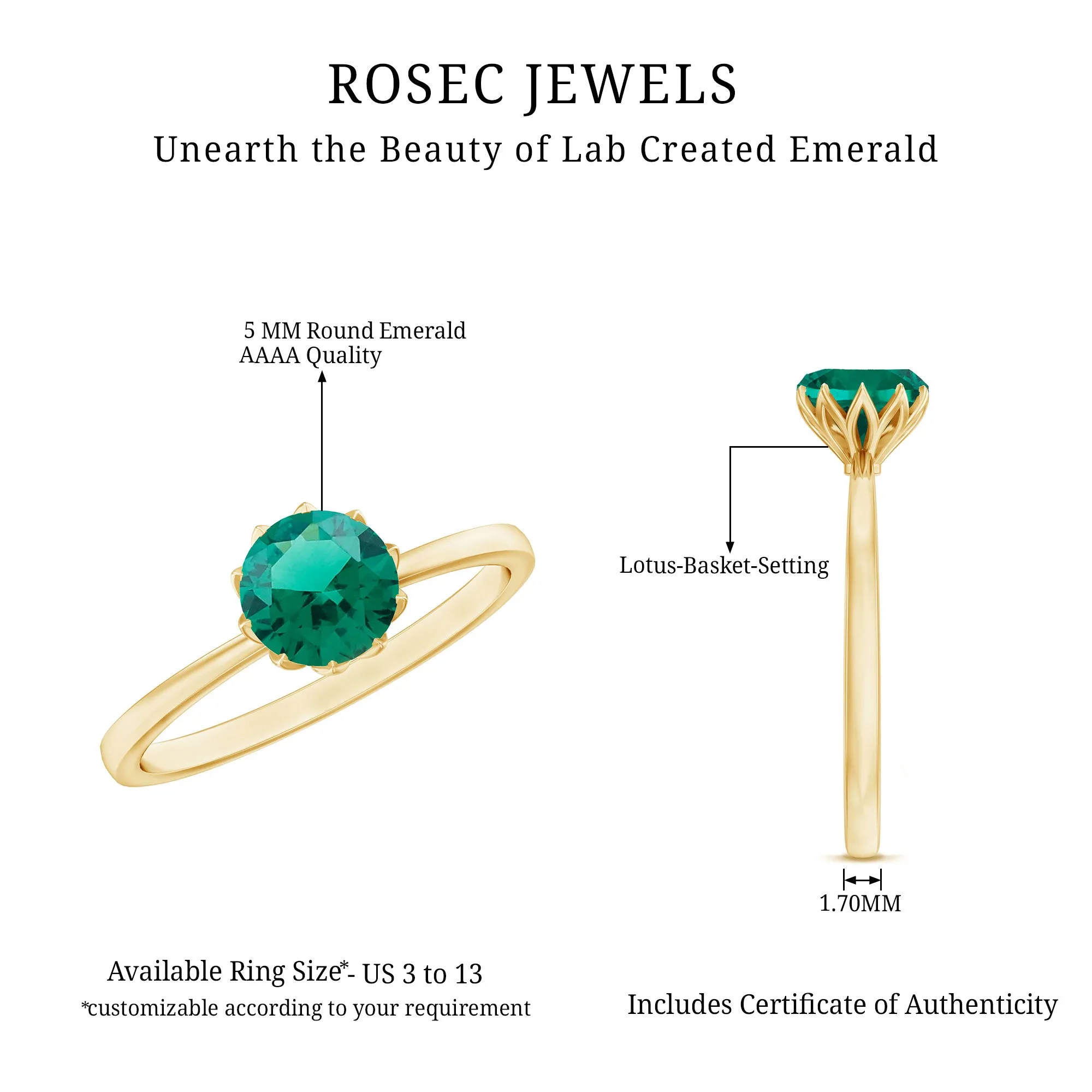 5 MM Round Created Emerald Solitaire Ring in Lotus Basket Setting