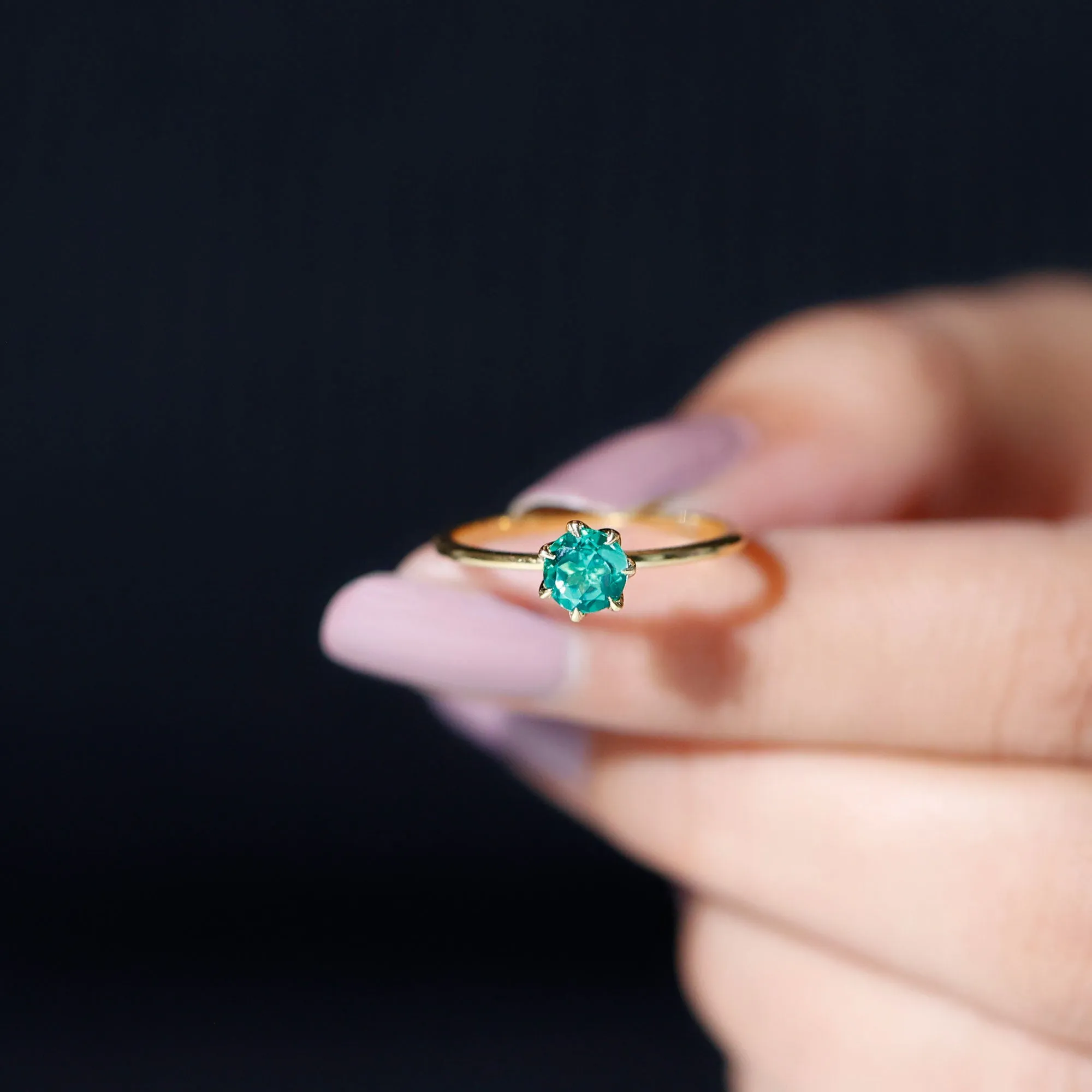 5 MM Round Created Emerald Solitaire Ring in Lotus Basket Setting